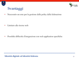 23SvantaggiNecessario un ente per la gestione delle policy della federazioneLimitato alle risorse webPossibile difficoltà d’integrazione con web application specificheIdentità digitale ed identità federata