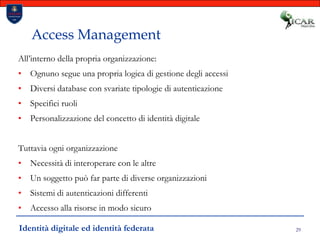 29Access ManagementAll’interno della propria organizzazione:Ognuno segue una propria logica di gestione degli accessiDiversi database con svariate tipologie di autenticazioneSpecifici ruoliPersonalizzazione del concetto di identità digitaleTuttavia ogni organizzazioneNecessità di interoperare con le altreUn soggetto può far parte di diverse organizzazioniSistemi di autenticazioni differentiAccesso alla risorse in modo sicuroIdentità digitale ed identità federata