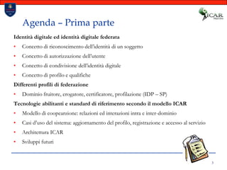 3Agenda – Prima parteIdentità digitale ed identità digitale federataConcetto di riconoscimento dell’identità di un soggettoConcetto di autorizzazione dell’utenteConcetto di condivisione dell’identità digitaleConcetto di profilo e qualifiche Differenti profili di federazioneDominio fruitore, erogatore, certificatore, profilazione (IDP – SP)Tecnologie abilitanti e standard di riferimento secondo il modello ICARModello di coopearzione: relazioni ed interazioni intra e inter-dominioCasi d’uso del sistema: aggiornamento del profilo, registrazione e accesso al servizioArchitettura ICARSviluppi futuri