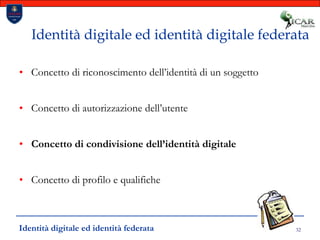 32Identità digitale ed identità digitale federataConcetto di riconoscimento dell’identità di un soggettoConcetto di autorizzazione dell’utenteConcetto di condivisione dell’identità digitaleConcetto di profilo e qualifiche Identità digitale ed identità federata