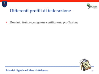 38Differenti profili di federazioneDominio fruitore, erogatore certificatore, profilazioneIdentità digitale ed identità federata