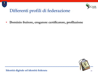 39Differenti profili di federazioneDominio fruitore, erogatore certificatore, profilazioneIdentità digitale ed identità federata