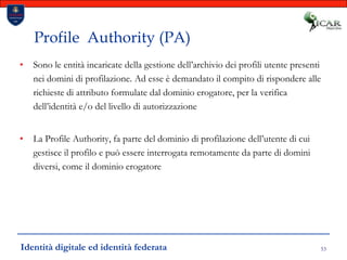 53Profile  Authority (PA)Sono le entità incaricate della gestione dell’archivio dei profili utente presenti nei domini di profilazione. Ad esse è demandato il compito di rispondere alle richieste di attributo formulate dal dominio erogatore, per la verifica dell’identità e/o del livello di autorizzazioneLa Profile Authority, fa parte del dominio di profilazione dell’utente di cui gestisce il profilo e può essere interrogata remotamente da parte di domini diversi, come il dominio erogatoreIdentità digitale ed identità federata