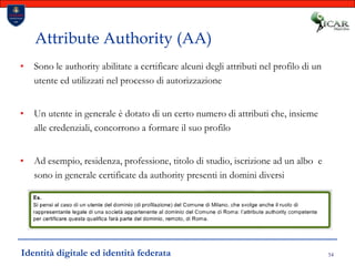 54Attribute Authority (AA)Sono le authority abilitate a certificare alcuni degli attributi nel profilo di un utente ed utilizzati nel processo di autorizzazioneUn utente in generale è dotato di un certo numero di attributi che, insieme alle credenziali, concorrono a formare il suo profiloAd esempio, residenza, professione, titolo di studio, iscrizione ad un albo  e sono in generale certificate da authority presenti in domini diversiIdentità digitale ed identità federata