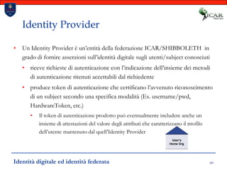60Identity ProviderUn Identity Provider è un’entità della federazione ICAR/SHIBBOLETH  in grado di fornire asserzioni sull’identità digitale sugli utenti/subject conosciutiriceve richieste di autenticazione con l’indicazione dell’insieme dei metodi di autenticazione ritenuti accettabili dal richiedenteproduce token di autenticazione che certificano l’avvenuto riconoscimento di un subject secondo una specifica modalità (Es. username/pwd, HardwareToken, etc.)Il token di autenticazione prodotto può eventualmente includere anche un insieme di attestazioni del valore degli attributi che caratterizzano il profilo dell’utente mantenuto dal quell’Identity ProviderIdentità digitale ed identità federata
