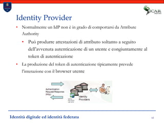 61Identity ProviderNormalmente un IdP non è in grado di comportarsi da Attribute AuthorityPuò produrre attestazioni di attributo soltanto a seguito dell’avvenuta autenticazione di un utente e congiuntamente al token di autenticazioneLa produzione del token di autenticazione tipicamente prevede l’interazione con il browser utenteIdentità digitale ed identità federata
