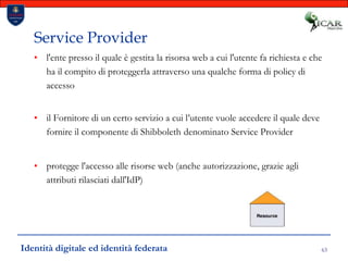 63Service Providerl'ente presso il quale è gestita la risorsa web a cui l'utente fa richiesta e che ha il compito di proteggerla attraverso una qualche forma di policy di accessoil Fornitore di un certo servizio a cui l’utente vuole accedere il quale deve fornire il componente di Shibboleth denominato Service Providerprotegge l'accesso alle risorse web (anche autorizzazione, grazie agli attributi rilasciati dall'IdP)Identità digitale ed identità federata
