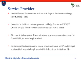 64Service ProviderEssenzialmente è un demone in C++ con il quale il web server dialoga (mod_shib2 - link)Intercetta le richieste a risorse protette e ridirige l'utente sull WAYF (Where are you from? Servizio di discovery dell’IdP) o all'IdPRicevute le informazioni di autenticazione apre una connessione verso lo AA dell'IdP per reperire gli attributiogni risorsa il cui accesso deve essere protetto richiede un SP, quindi ogni servizio Web accessibile agli utenti della federazione richiede un SP.Identità digitale ed identità federata