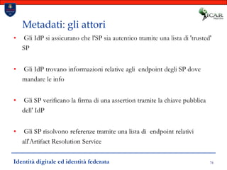 78Metadati: gli attori Gli IdP si assicurano che l'SP sia autentico tramite una lista di 'trusted' SP Gli IdP trovano informazioni relative agli  endpoint degli SP dove mandare le info Gli SP verificano la firma di una assertion tramite la chiave pubblica dell' IdP Gli SP risolvono referenze tramite una lista di  endpoint relativi all'Artifact Resolution ServiceIdentità digitale ed identità federata