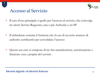 84Accesso al ServizioIl caso d’uso principale è quello per l’accesso al servizio, che coinvolge tre attori: Service Requester, una o più Authority e un SPIl richiedente contatta il fornitore che fa uso di un certo numero di authority certificatrici per convalidare l’accessoQuesto use case si compone di tre fasi autenticazione, autorizzazione e fruizione vera e propria del servizioIdentità digitale ed identità federata