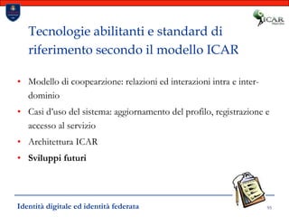 95Tecnologie abilitanti e standard di riferimento secondo il modello ICARModello di coopearzione: relazioni ed interazioni intra e inter-dominioCasi d’uso del sistema: aggiornamento del profilo, registrazione e accesso al servizioArchitettura ICARSviluppi futuriIdentità digitale ed identità federata