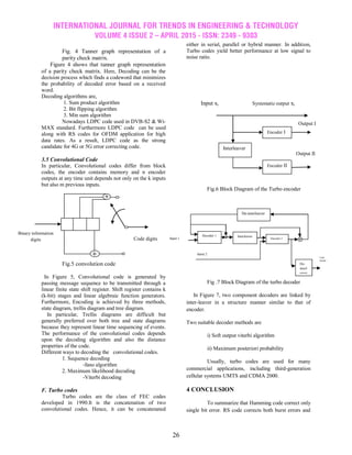 INTERNATIONAL JOURNAL FOR TRENDS IN ENGINEERING & TECHNOLOGY
VOLUME 4 ISSUE 2 – APRIL 2015 - ISSN: 2349 - 9303
26
Fig. 4 Tanner graph representation of a
parity check matrix.
Figure 4 shows that tanner graph representation
of a parity check matrix. Here, Decoding can be the
decision process which finds a codeword that minimizes
the probability of decoded error based on a received
word.
Decoding algorithms are,
1. Sum product algorithm
2. Bit flipping algorithm
3. Min sum algorithm
Nowadays LDPC code used in DVB-S2 & Wi-
MAX standard. Furthermore LDPC code can be used
along with RS codes for OFDM application for high
data rates. As a result, LDPC code as the strong
candidate for 4G or 5G error correcting code.
3.5 Convolutional Code
In particular, Convolutional codes differ from block
codes, the encoder contains memory and n encoder
outputs at any time unit depends not only on the k inputs
but also m previous inputs.
Fig.5 convolution code
In Figure 5, Convolutional code is generated by
passing message sequence to be transmitted through a
linear finite state shift register. Shift register contains k
(k-bit) stages and linear algebraic function generators.
Furthermore, Encoding is achieved by three methods,
state diagram, trellis diagram and tree diagram.
In particular, Trellis diagrams are difficult but
generally preferred over both tree and state diagrams
because they represent linear time sequencing of events.
The performance of the convolutional codes depends
upon the decoding algorithm and also the distance
properties of the code.
Different ways to decoding the convolutional codes.
1. Sequence decoding
-fano algorithm
2. Maximum likelihood decoding
-Viterbi decoding
F. Turbo codes
Turbo codes are the class of FEC codes
developed in 1990.It is the concatenation of two
convolutional codes. Hence, it can be concatenated
either in serial, parallel or hybrid manner. In addition,
Turbo codes yield better performance at low signal to
noise ratio.
Input xi Systematic output xi
Fig.6 Block Diagram of the Turbo encoder
Fig .7 Block Diagram of the turbo decoder
In Figure 7, two component decoders are linked by
inter-leaver in a structure manner similar to that of
encoder.
Two suitable decoder methods are
i) Soft output viterbi algorithm
ii) Maximum posteriori probability
Usually, turbo codes are used for many
commercial applications, including third-generation
cellular systems UMTS and CDMA 2000.
4 CONCLUSION
To summarize that Hamming code correct only
single bit error. RS code corrects both burst errors and
+
+ +
+ +
Code digits
digits
Binary information
digits
+
Encoder I
Encoder II
Interleaver
Output I
Output II
Decoder 1 Interleaver
Decoder 2
De-
interl
eaver
Input 2
Input 1
Final
Output
^
1
De-interleaver
 