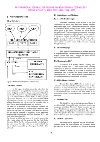 INTERNATIONAL JOURNAL FOR TRENDS IN ENGINEERING & TECHNOLOGY
VOLUME 4 ISSUE 2 – APRIL 2015 - ISSN: 2349 - 9303
76
2 PROPOSED SYSTEM:
2.1 Architecture:
LOGIN
L
TOKEN
KEY
Figure 1: Architecture Diagram for authentication
2.2 Working Principle:
In this paper, the client can get the token from the
trusted third party by giving all his/her personnel details. So, the
trusted third party only knows the personal details of the client
and the token which she/he is generated. The client can give the
key to the token distribution center (KDC) in order to get the
key to access the cloud. The KDC only knows the token which
is given by the client and key which is generated by them with
the help of username and key the client can access the cloud in
order to store, retrieve and process the data and so on.
The token can be generated by the randomized algorithm and
the key can be generated with the help of SHA algorithm, This
implies that the client can access the cloud with high security
the data can be protected by providing various encryption
algorithms like Homomorphic Verifiable Response (HVR) and
Hash Index Hierarchy (HIH).
The files can be splitted and stored in the cloud by inserting the
index value which will be generated by the Hash Index
Hierarchy (HIH). The files can be downloaded with the help of
that index value. The index value can be used to identify the
files in order to merge and to give the original file which will be
uploaded.
2.3 Methodology and Modules:
2.3.1 Multi cloud storage:
Distributed computing is used to refer to any large
collaboration in which many individual personal computer
owners allow some of their computer's processing time to be put
at the service of a large problem. In our system the each cloud
admin consist of data blocks .The cloud user upload the data
into multi-cloud. Cloud computing environment is constructed
based on open architectures and interfaces, it has the capability
to incorporate multiple internal and/or external cloud services
together to provide high interoperability. We call such a
distributed cloud environment as a multi-Cloud . A multi-cloud
allows clients to easily access his/her resources remotely
through interfaces.
2.3.2 Data Integrity:
Data Integrity is very important in database operations
in particular and Data warehousing and Business intelligence in
general. Because Data Integrity ensured that data is of high
quality, correct, consistent and accessible.
2.3.3 Cooperative PDP:
Cooperative PDP (CPDP) schemes adopting zero-
knowledge property and three-layered index hierarchy,
respectively. In particular efficient method for selecting the
optimal number of sectors in each block to minimize the
computation costs of clients and storage service providers.
Cooperative PDP (CPDP) scheme without compromising data
privacy based on modern cryptographic techniques.
2.3.4 Third Party Auditor:
Trusted Third Party (TTP) who is trusted to store
verification parameters and offer public query services for these
parameters. In our system the Trusted Third Party, view the user
data blocks and uploaded to the distributed cloud. In distributed
cloud environment each cloud has user data blocks. If any
modification tried by cloud owner an alert is send to the Trusted
Third Party.
2.3.5 Cloud User:
The Cloud User who have a large amount of data to be
stored in multiple clouds and have the permissions to access and
manipulate stored data. The User’s Data is converted into data
blocks .The data blocks is uploaded to the cloud. The TPA view
the data blocks and Uploaded in multi cloud. The user can
update the uploaded data. If the user wants to download their
files, the data’s in multi-cloud is integrated and downloaded.
2.3.6 Token Generation:
The token can be generated with the help of user’s
personnel details. The input will be the user’s personnel details.
The token can be used to generate the key in order to access the
CSP CSP CSP
FILE SPILTER/MERGER
PART 1 PART 2 PART 3
HOMOMORPHIC VERIFIABLE
RESPONSE
CLIENTS TRUSTED
THIRD PARTY
KEY
DISTRIBUTION
CENTER(KDC)
 
