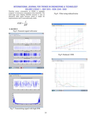 INTERNATIONAL JOURNAL FOR TRENDS IN ENGINEERING & TECHNOLOGY
VOLUME 5 ISSUE 1 – MAY 2015 - ISSN: 2349 - 9303
15
Therefore power consumption of PDSM is negligible
compared to total power consumption of the transmitter. The
multi-stage noise shaping (MASH) structure is also an
alternative delta sigma structure which is simple for
implementation and it isunconditionally stable.
5. OUTPUT
Fig 6 :Transmit signal with noise
Fig 7: Transmitting signal with high SNR
Fig 8: Filter using reduced noise
Fig 9: Reduced SNR
 