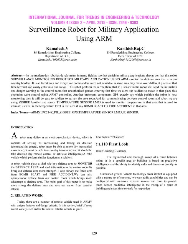 Surveillance Robot for Military Application Using ARM PDF