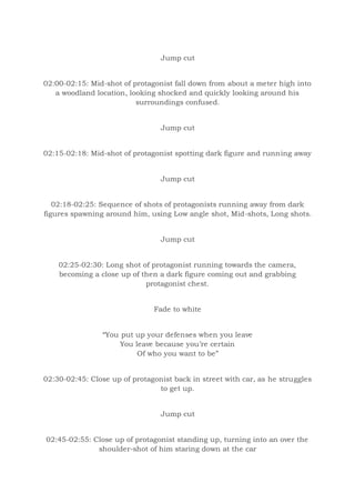 Jump cut
02:00-02:15: Mid-shot of protagonist fall down from about a meter high into
a woodland location, looking shocked and quickly looking around his
surroundings confused.
Jump cut
02:15-02:18: Mid-shot of protagonist spotting dark figure and running away
Jump cut
02:18-02:25: Sequence of shots of protagonists running away from dark
figures spawning around him, using Low angle shot, Mid-shots, Long shots.
Jump cut
02:25-02:30: Long shot of protagonist running towards the camera,
becoming a close up of then a dark figure coming out and grabbing
protagonist chest.
Fade to white
“You put up your defenses when you leave
You leave because you’re certain
Of who you want to be”
02:30-02:45: Close up of protagonist back in street with car, as he struggles
to get up.
Jump cut
02:45-02:55: Close up of protagonist standing up, turning into an over the
shoulder-shot of him staring down at the car
 