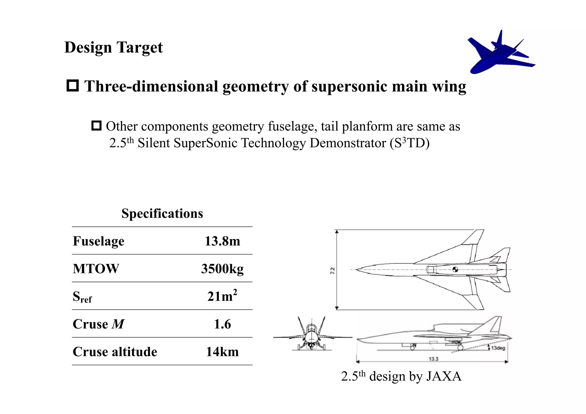 Design Target

 Three-dimensional geometry of supersonic main wing

     Other components geometry fuselage, tail planform are same as
      2.5th Silent SuperSonic Technology Demonstrator (S3TD)




         Specifications
 Fuselage                 13.8m
 MTOW                 3500kg
 Sref                     21m2
 Cruse M                   1.6
 Cruse altitude           14km
                                              2.5th design by JAXA
 