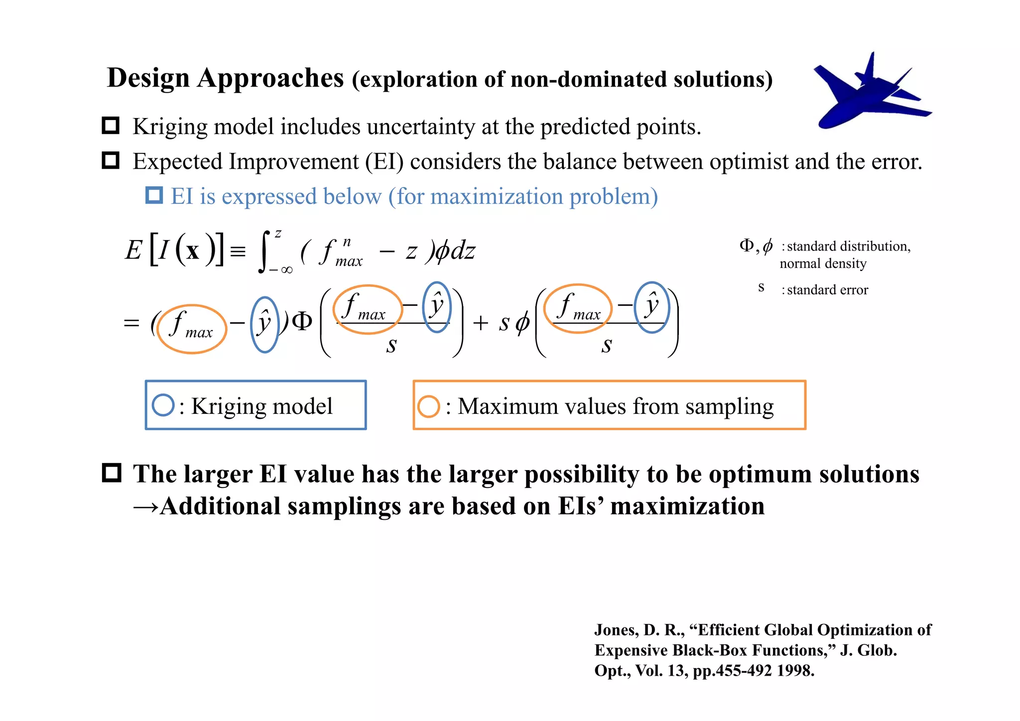 Design Approaches (exploration of non-dominated solutions)
 Kriging model includes uncertainty at the predicted points.
 Expected Improvement (EI) considers the balance between optimist and the error.
    EI is expressed below (for maximization problem)

  E I x  
                     z
                        ( f max  z ) dz                              ,
                              n                                               ：standard distribution,
                                                                            normal density
                                                                          s ：standard error
                       f      ˆ 
                                y         f max  ˆ 
                                                   y
   ( f max    y
                ˆ )   max         s            
                           s                 s    

       : Kriging model                 : Maximum values from sampling

 The larger EI value has the larger possibility to be optimum solutions
  →Additional samplings are based on EIs’ maximization



                                                    Jones, D. R., “Efficient Global Optimization of
                                                    Expensive Black-Box Functions,” J. Glob.
                                                    Opt., Vol. 13, pp.455-492 1998.
 