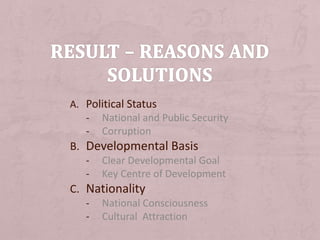 A. Political Status
- National and Public Security
- Corruption
B. Developmental Basis
- Clear Developmental Goal
- Key Centre of Development
C. Nationality
- National Consciousness
- Cultural Attraction
 