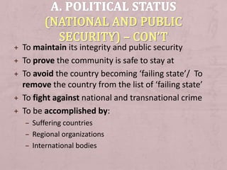 + To maintain its integrity and public security
+ To prove the community is safe to stay at
+ To avoid the country becoming ‘failing state’/ To
remove the country from the list of ‘failing state’
+ To fight against national and transnational crime
+ To be accomplished by:
– Suffering countries
– Regional organizations
– International bodies
 