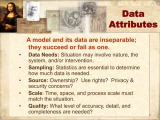10 
Data 
Attributes 
A model and its data are inseparable; 
they succeed or fail as one. 
• Data Needs: Situation may involve nature, the 
system, and/or intervention. 
• Sampling: Statistics are essential to determine 
how much data is needed. 
• Source: Ownership? Use rights? Privacy & 
security concerns? 
• Scale: Time, space, and process scale must 
match the situation. 
• Quality: What level of accuracy, detail, and 
completeness are needed? 
 