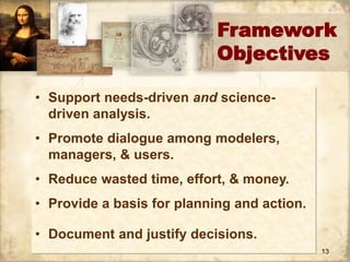 Framework 
Objectives 
13 
• Support needs-driven and science-driven 
analysis. 
• Promote dialogue among modelers, 
managers, & users. 
• Reduce wasted time, effort, & money. 
• Provide a basis for planning and action. 
• Document and justify decisions. 
 