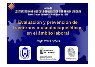 Jornada
LOS TRASTORNOS MÚSCULO-ESQUELÉTICOS DE ORIGEN LABORAL
          Santa Cruz de Tenerife – 10 de junio de 2010


   Evaluación y prevención de
trastornos musculoesqueléticos
       en el ámbito laboral
                  Jorge Ribes Febles
 
