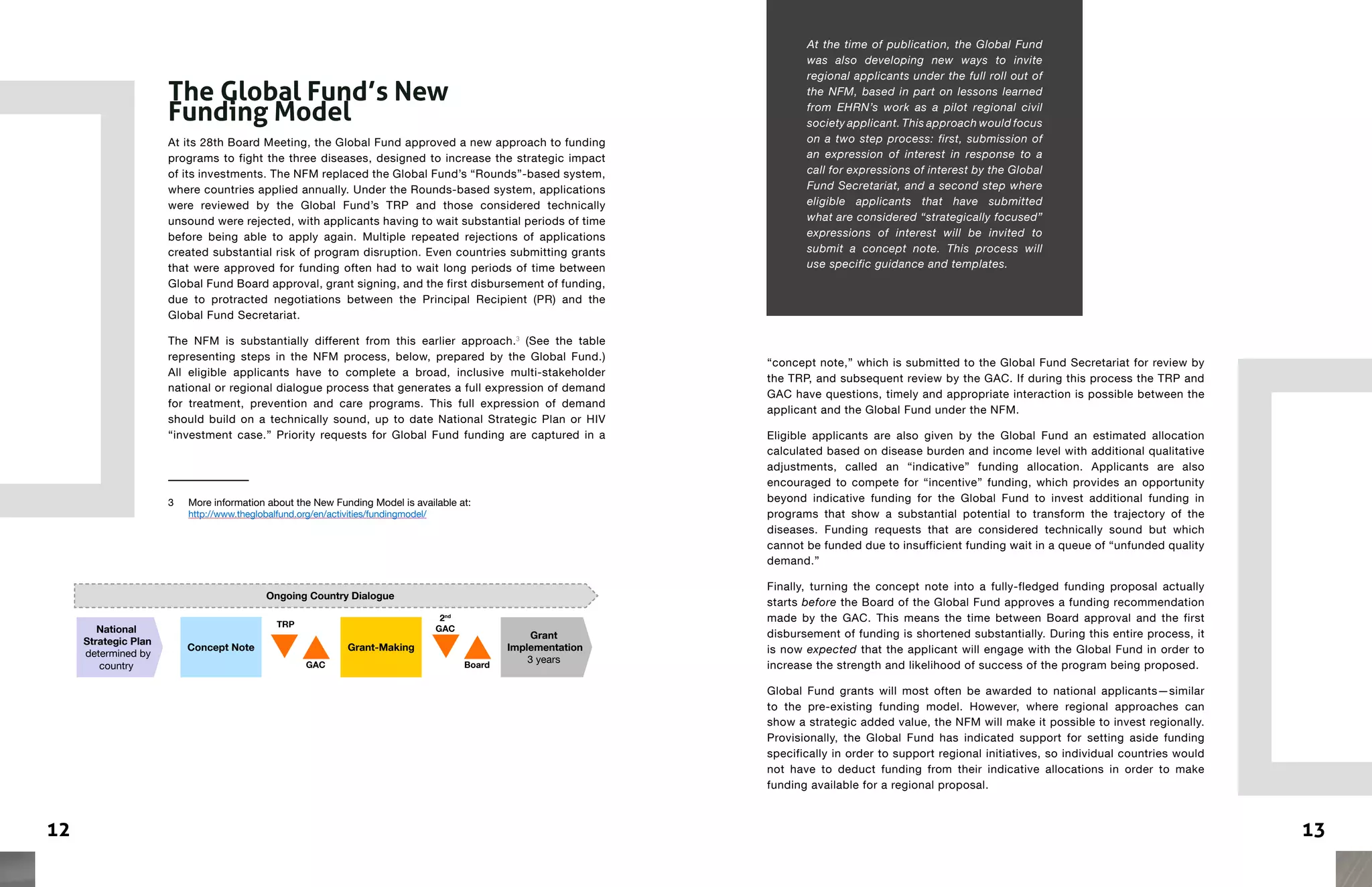 1312
Ongoing Country Dialogue
National
Strategic Plan
determined by
country
Grant
Implementation
3 years
Concept Note Grant-Making
2nd
GACTRP
BoardGAC
The Global Fund’s New
Funding Model
At its 28th Board Meeting, the Global Fund approved a new approach to funding
programs to fight the three diseases, designed to increase the strategic impact
of its investments. The NFM replaced the Global Fund’s “Rounds”-based system,
where countries applied annually. Under the Rounds-based system, applications
were reviewed by the Global Fund’s TRP and those considered technically
unsound were rejected, with applicants having to wait substantial periods of time
before being able to apply again. Multiple repeated rejections of applications
created substantial risk of program disruption. Even countries submitting grants
that were approved for funding often had to wait long periods of time between
Global Fund Board approval, grant signing, and the first disbursement of funding,
due to protracted negotiations between the Principal Recipient (PR) and the
Global Fund Secretariat.
The NFM is substantially different from this earlier approach.3
(See the table
representing steps in the NFM process, below, prepared by the Global Fund.)
All eligible applicants have to complete a broad, inclusive multi-stakeholder
national or regional dialogue process that generates a full expression of demand
for treatment, prevention and care programs. This full expression of demand
should build on a technically sound, up to date National Strategic Plan or HIV
“investment case.” Priority requests for Global Fund funding are captured in a
3	 More information about the New Funding Model is available at:
http://www.theglobalfund.org/en/activities/fundingmodel/
At the time of publication, the Global Fund
was also developing new ways to invite
regional applicants under the full roll out of
the NFM, based in part on lessons learned
from EHRN’s work as a pilot regional civil
society applicant. This approach would focus
on a two step process: first, submission of
an expression of interest in response to a
call for expressions of interest by the Global
Fund Secretariat, and a second step where
eligible applicants that have submitted
what are considered “strategically focused”
expressions of interest will be invited to
submit a concept note. This process will
use specific guidance and templates.
“concept note,” which is submitted to the Global Fund Secretariat for review by
the TRP, and subsequent review by the GAC. If during this process the TRP and
GAC have questions, timely and appropriate interaction is possible between the
applicant and the Global Fund under the NFM.
Eligible applicants are also given by the Global Fund an estimated allocation
calculated based on disease burden and income level with additional qualitative
adjustments, called an “indicative” funding allocation. Applicants are also
encouraged to compete for “incentive” funding, which provides an opportunity
beyond indicative funding for the Global Fund to invest additional funding in
programs that show a substantial potential to transform the trajectory of the
diseases. Funding requests that are considered technically sound but which
cannot be funded due to insufficient funding wait in a queue of “unfunded quality
demand.”
Finally, turning the concept note into a fully-fledged funding proposal actually
starts before the Board of the Global Fund approves a funding recommendation
made by the GAC. This means the time between Board approval and the first
disbursement of funding is shortened substantially. During this entire process, it
is now expected that the applicant will engage with the Global Fund in order to
increase the strength and likelihood of success of the program being proposed.
Global Fund grants will most often be awarded to national applicants—similar
to the pre-existing funding model. However, where regional approaches can
show a strategic added value, the NFM will make it possible to invest regionally.
Provisionally, the Global Fund has indicated support for setting aside funding
specifically in order to support regional initiatives, so individual countries would
not have to deduct funding from their indicative allocations in order to make
funding available for a regional proposal.
 
