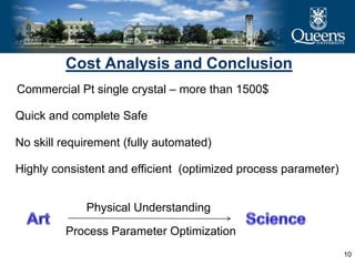 10
Cost Analysis and Conclusion
Commercial Pt single crystal – more than 1500$
Quick and complete Safe
Physical Understanding
Process Parameter Optimization
No skill requirement (fully automated)
Highly consistent and efficient (optimized process parameter)
 