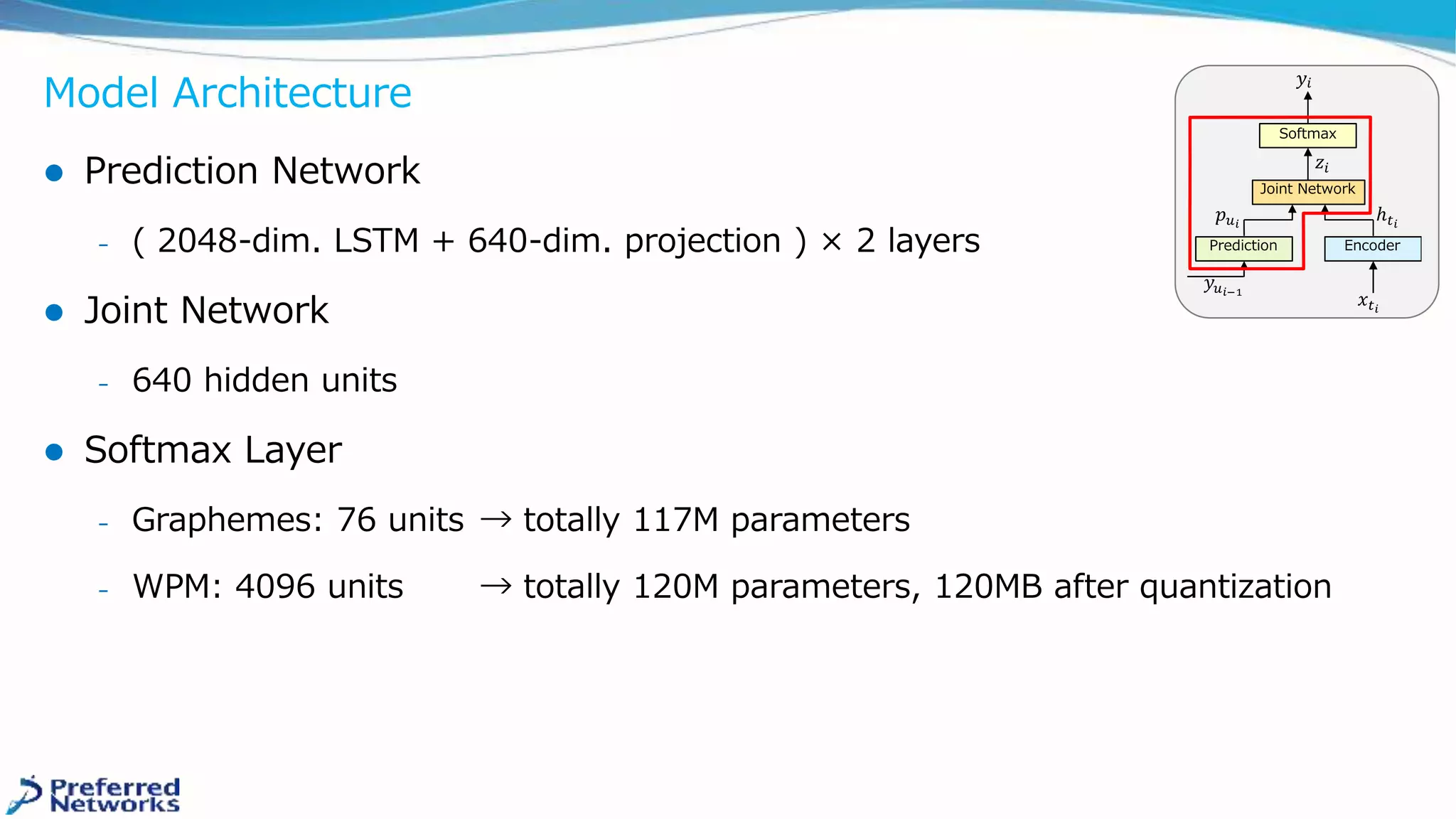 Model Architecture
 Prediction Network
﹘ ( 2048-dim. LSTM + 640-dim. projection ) × 2 layers
 Joint Network
﹘ 640 hidden units
 Softmax Layer
﹘ Graphemes: 76 units → totally 117M parameters
﹘ WPM: 4096 units → totally 120M parameters, 120MB after quantization
 
