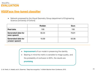 Wav2Pix
EVALUATION
VGGFace fine-tuned classifier
● Network proposed by the Visual Geometry Group department of Engineering
Science (University of Oxford)
● Improvement of our model in preserving the identity
● Bearing in mind the metric is sensible to image quality, and
the probability of confusion is 90%, the results are
promising.
25
Roldán Ours
Real data 100 100
Generated data for
seen speech
56.34 76.81
Generated data for
unseen speech
16.69 50.08
O. M. Parkhi, A. Vedaldi, and A. Zisserman, “Deep face recognition,” in British Machine Vision Conference, 2015.
 
