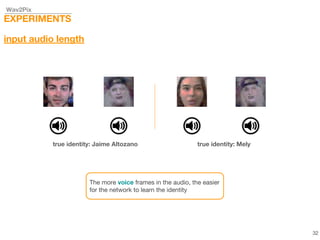 Wav2Pix
EXPERIMENTS
input audio length
true identity: Jaime Altozano true identity: Mely
The more voice frames in the audio, the easier
for the network to learn the identity
32
 