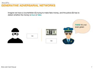 Wav2Pix
GENERATIVE ADVERSARIAL NETWORKS
Slide credit: Santi Pascual 7
Imagine we have a counterfeiter (G) trying to make fake money, and the police (D) has to
detect whether the money is true or fake.
100
100
FAKE! It’s not
even green
 