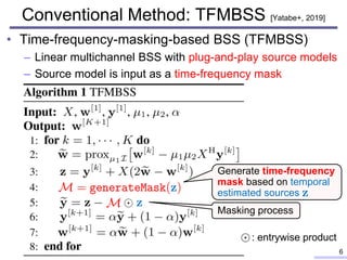 Conventional Method: TFMBSS [Yatabe+, 2019]
• Time-frequency-masking-based BSS (TFMBSS)
– Linear multichannel BSS with plug-and-play source models
– Source model is input as a time-frequency mask
6
Generate time-frequency
mask based on temporal
estimated sources
Masking process
: entrywise product
 