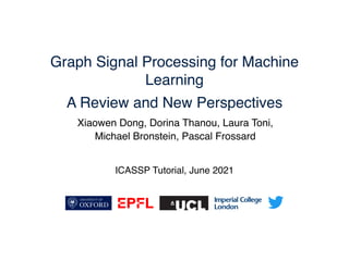 Graph Signal Processing for Machine
Learnin
g

A Review and New Perspectives
ICASSP Tutorial, June 2021
Xiaowen Dong, Dorina Thanou, Laura Toni
,

Michael Bronstein, Pascal Frossard
 