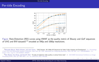 Per-title Encoding
Per-title Encoding
Figure: Rate-Distortion (RD) curves using VMAF as the quality metric of Beauty and Golf sequences
of UVG and BVI datasets4,5
encoded at 540p and 1080p resolutions.
4
Alexandre Mercat, Marko Viitanen, and Jarno Vanne. “UVG Dataset: 50/120fps 4K Sequences for Video Codec Analysis and Development”. In: Proceedings
of the 11th ACM Multimedia Systems Conference. New York, NY, USA: Association for Computing Machinery, 2020, 297–302. isbn: 9781450368452. url:
https://doi.org/10.1145/3339825.3394937.
5
Alex Mackin, Fan Zhang, and David R. Bull. “A study of subjective video quality at various frame rates”. In: 2015 IEEE International Conference on Image
Processing (ICIP). 2015, pp. 3407–3411. doi: 10.1109/ICIP.2015.7351436.
Vignesh V Menon OPTE: Online Per-title Encoding for Live Video Streaming 8
 