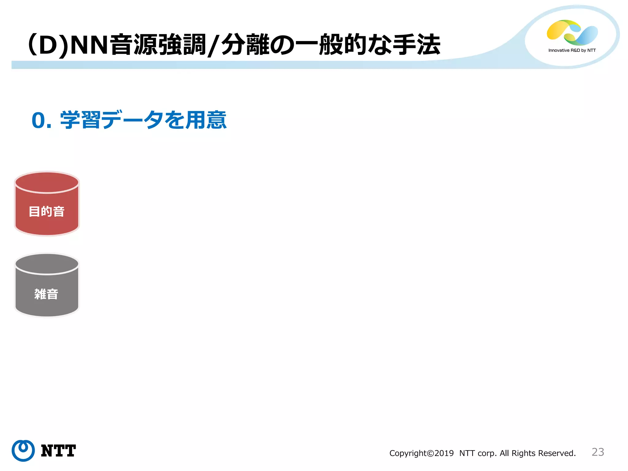 Copyright©2019 NTT corp. All Rights Reserved. 23
（D)NN音源強調/分離の一般的な手法
0. 学習データを用意
目的音
雑音
 
