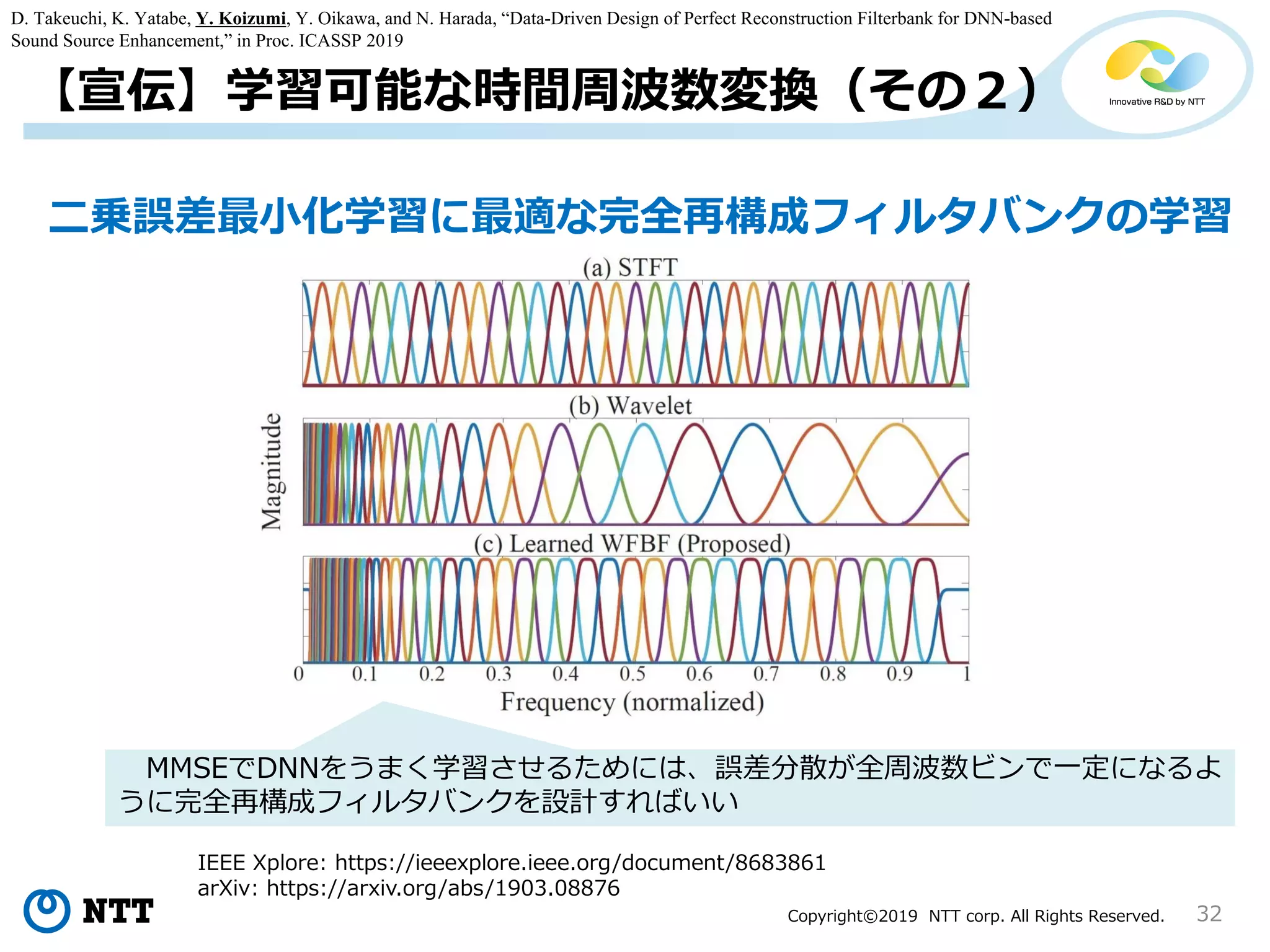 Copyright©2019 NTT corp. All Rights Reserved. 32
二乗誤差最小化学習に最適な完全再構成フィルタバンクの学習
IEEE Xplore: https://ieeexplore.ieee.org/document/8683861
arXiv: https://arxiv.org/abs/1903.08876
D. Takeuchi, K. Yatabe, Y. Koizumi, Y. Oikawa, and N. Harada, “Data-Driven Design of Perfect Reconstruction Filterbank for DNN-based
Sound Source Enhancement,” in Proc. ICASSP 2019
MMSEでDNNをうまく学習させるためには、誤差分散が全周波数ビンで一定になるよ
うに完全再構成フィルタバンクを設計すればいい
【宣伝】学習可能な時間周波数変換（その２）
 