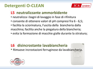 Detergenti O‐CLEAN
  L5  neutralizzante ammorbidente
  • neutralizza i bagni di lavaggio in fase di rifinitura
    neutralizza i bagni di lavaggio in fase di rifinitura
  • consente di ottenere valori di pH compresi fra 6 ‐ 6,5;
  • facilita la sciorinatura, l'uscita della  biancheria dalla 
  macchina; facilita anche la piegatura della biancheria;
  • evita la formazione di macchie gialle durante la stiratura;
                                        g                       ;


  L6  disincrostante lavabiancheria
  • Rimuove incrostazioni ferruginose da lavabiancheria.
 