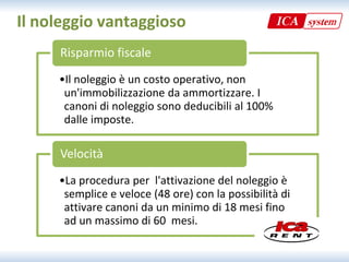 Il noleggio vantaggioso
     Risparmio fiscale
     •Il noleggio è un costo operativo, non  
      un'immobilizzazione da ammortizzare. I 
      canoni di noleggio sono deducibili al 100% 
      dalle imposte.

     Velocità
     •La procedura per  l'attivazione del noleggio è 
      semplice e veloce (48 ore) con la possibilità di  
      semplice e veloce (48 ore) con la possibilità di
      attivare canoni da un minimo di 18 mesi fino 
      ad un massimo di 60  mesi.
 
