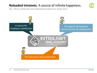 Reloaded	intranets.	A	source	of	infinite	happiness.
Infocentric	@	Intrel2016,	Berlin10
So…this	is	what	we	are	allowed	to	work	on.	Cool,	hu?
A	source	for	
employee	satisfaction
The	executive	value	proposition
The	logical	link	between	
communication	&	collaboration
 