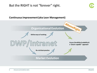 Infocentric	@	Intrel2016,	Berlin8
Continuous	improvement	(aka	Lean	Management)
But	the	RIGHT	is	not	“forever”	right.
Organisational	Evolution
Market	Evolution
Re-visit	best	practice
Ensure	flexibility/scalability	&	
a	“future-capable”	 approach
Refine	ways	of	working
 