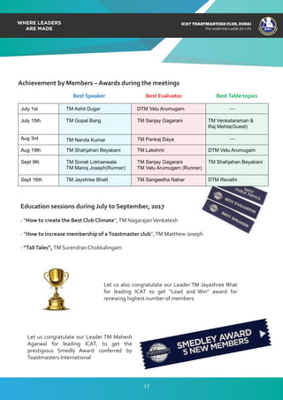 ICAT
ICAT
T
O
A
STMASTERS CLUB
,DUBAI
CA
ICAT TOASTMASTERS CLUB, DUBAI
The Leadership Ladder for CA’s
Education sessions during July to September, 2017
- “How to create the Best Club Climate”,TM NagarajanVenkatesh
- “How to increase membership of aToastmaster club”,TM Matthew Joseph
- “TallTales”,TM Surendran Chokkalingam
Achievement by Members – Awards during the meetings
Best Speaker Best Evaluator BestTable topics
July 1st TM Ashit Dugar DTM Velu Arumugam
July 15th TM Gopal Bang TM Sanjay Gagarani TM Venkataraman &
Raj Mehta(Guest)
Aug 3rd
Aug 19th TM Shahjahan Beyabani
TM Nanda Kumar
TM Lakshmi
TM Pankaj Daya
DTM Velu Arumugam
Sept 9th TM Sonali Lokhanwala TM Sanjay Gagarani TM Shahjahan Beyabani
TM Manoj Joseph(Runner) TM Velu Arumugam (Runner)
Sept 16th TM Jayshree Bhatt TM Sangeetha Nahar DTM Revathi
__
__
Let us congratulate our Leader TM Mahesh
Agarwal for leading ICAT, to get the
prestigious Smedly Award conferred by
Toastmasters International
Let us also congratulate our Leader TM Jayashree Bhat
for leading ICAT to get “Lead and Win” award for
renewing highest number of members.
17
 