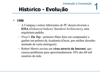 1988 A Compaq e outros fabricantes de PC desenvolveram a  EISA  ( Enhanced Industry Standard Architecture ), uma arquitetura padrão.  Pixar's   Tin Toy  - primeiro filme feito em computador a ganhar um prêmio da Academia (Oscar, por melhor desenho animado de curta metragem).  Robert Morris enviou um  vírus através da Internet , que causou problemas para aproximadamente 10% dos 60 mil usuários da rede.  Hist ó rico - Evolu ç ão 