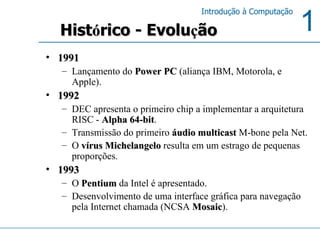 1991 Lançamento do  Power PC  (aliança IBM, Motorola, e Apple).  1992  DEC apresenta o primeiro chip a implementar a arquitetura RISC -  Alpha 64-bit . Transmissão do primeiro  áudio multicast  M-bone pela Net.  O  vírus Michelangelo  resulta em um estrago de pequenas proporções.  1993 O  Pentium  da Intel é apresentado. Desenvolvimento de uma interface gráfica para navegação pela Internet chamada (NCSA  Mosaic ).  Hist ó rico - Evolu ç ão 