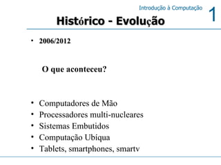 Hist ó rico - Evolu ç ão 2006/2012 O que aconteceu ? Computadores de Mão Processadores multi-nucleares Sistemas Embutidos Computação Ubíqua Tablets, smartphones, smartv 