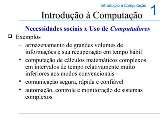 Exemplos armazenamento de grandes volumes de informações e sua recuperação em tempo hábil  computação de cálculos matemáticos complexos em intervalos de tempo relativamente muito inferiores aos modos convencionais  comunicação segura, rápida e confiável  automação, controle e monitoração de sistemas complexos  Introdução à Computação Necessidades sociais x   Uso de   Computadores 
