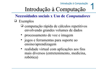 Exemplos computação rápida de cálculos repetitivos envolvendo grandes volumes de dados processamento de voz e imagem jogos e ferramentas para suporte ao ensino/aprendizagem realidade virtual com aplicações aos fins mais diversos (entretenimento, medicina, robótica) Introdução à Computação Necessidades sociais x   Uso de   Computadores 