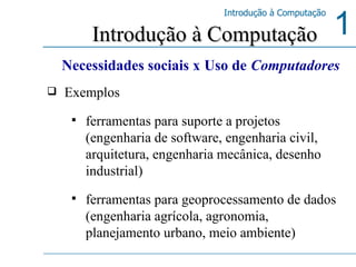 Exemplos ferramentas para suporte a projetos (engenharia de software, engenharia civil, arquitetura, engenharia mecânica, desenho industrial) ferramentas para geoprocessamento de dados (engenharia agrícola, agronomia, planejamento urbano, meio ambiente) Introdução à Computação Necessidades sociais x   Uso de   Computadores 