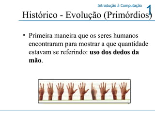 Primeira maneira que os seres humanos encontraram para mostrar a que quantidade estavam se referindo:   uso dos dedos da mão .  Digitus  –  lat.   dedo Histórico - Evolução (Primórdios) 